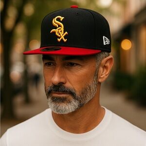 Black and Red Chicago White Sox Baseball Cap with Gold Logo. Fitted